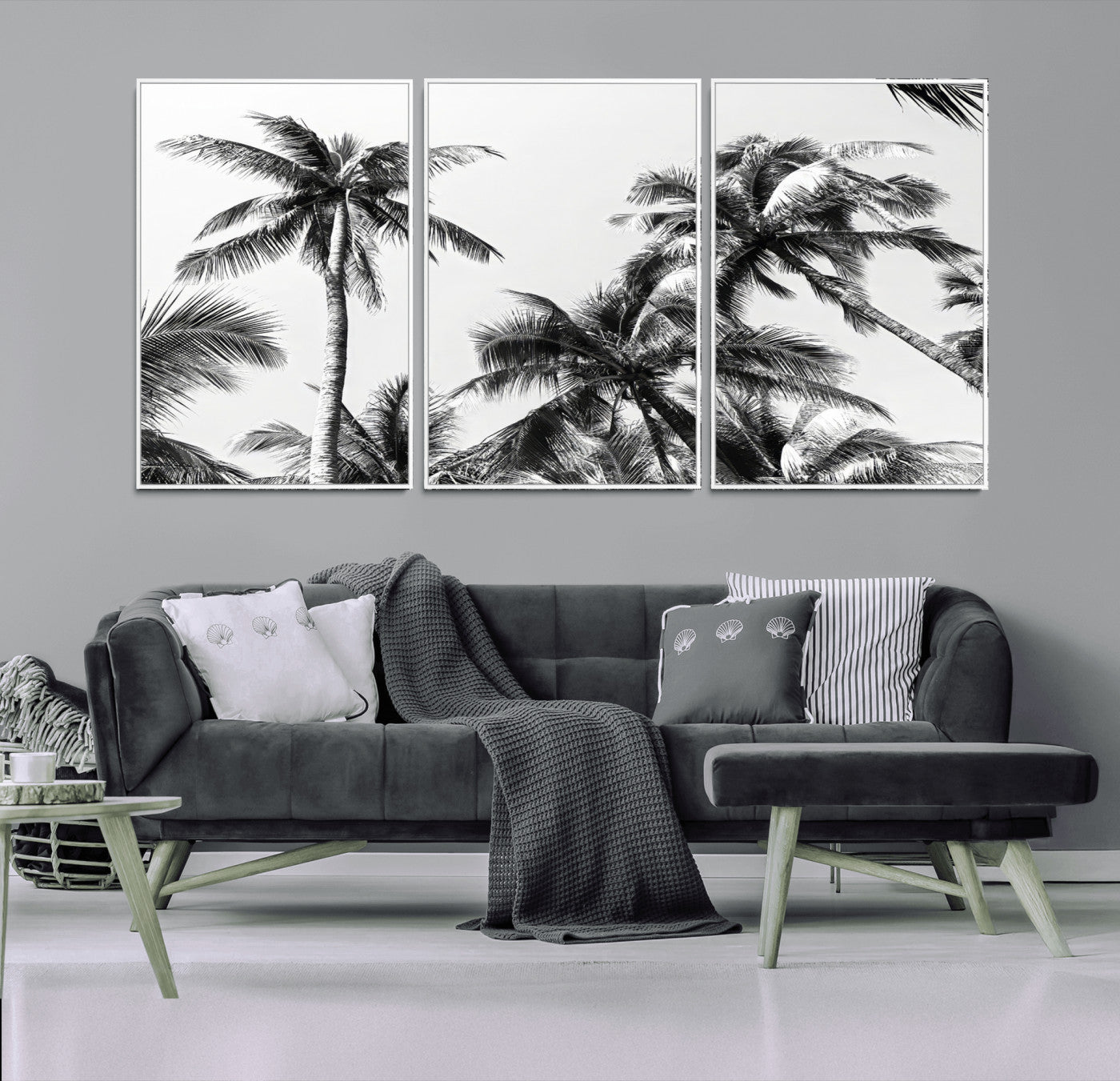 Black and white canvas of tall palm trees in moody tones, perfect for modern tropical minimalist or coastal-style home decor.