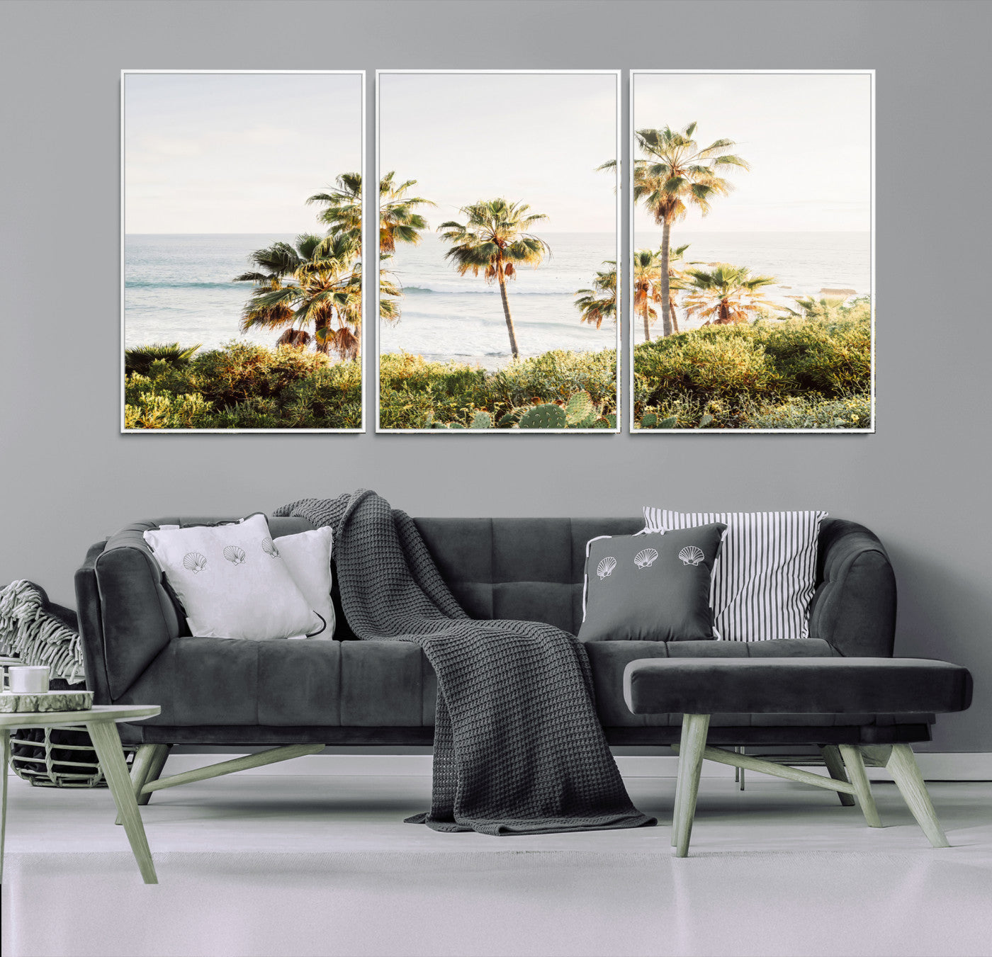 Framed print of sunlit palm trees on the California coast with warm tones, perfect for coastal minimalist or beach-style home decor.
