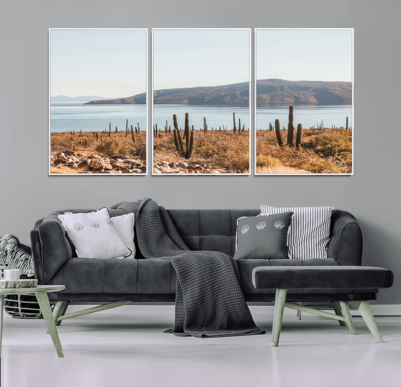 Warm desert landscape with cacti and coastal mountains, perfect for southwestern or earthy calm-themed home wall decor.
