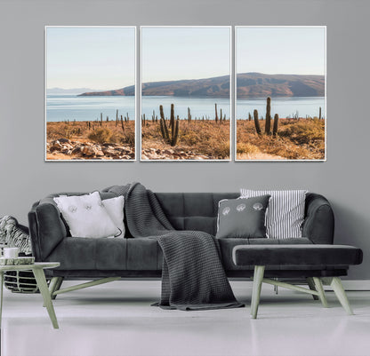 Warm desert landscape with cacti and coastal mountains, perfect for southwestern or earthy calm-themed home wall decor.