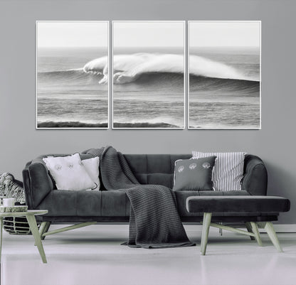 A dramatic black and white ocean wave crashing with immense force, capturing the raw power and movement of the sea in a bold seascape.