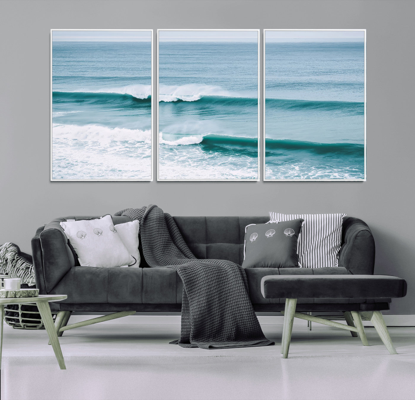 Powerful ocean waves rolling towards the shore, their turquoise hues blending with white sea foam under an open horizon, capturing the essence of the ocean's movement.