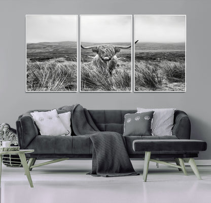 A black and white portrait of a Highland cow in a foggy Scottish countryside, capturing a rustic aesthetic and tranquil farm escape.