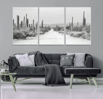 A black and white desert road stretching through a cactus-filled landscape, creating a rugged and timeless southwestern aesthetic with a sense of adventure.