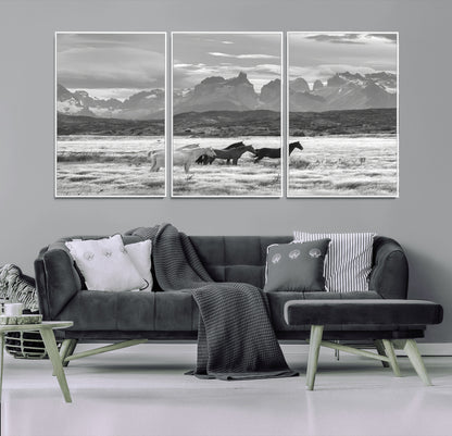A black and white landscape of wild horses grazing in a vast grassland with towering mountains in the background, creating a moody and rustic western aesthetic.