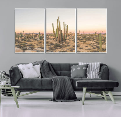Canvas of tall desert cacti in warm sunset tones over a rocky Baja landscape, ideal for earthy or Southwestern-style home decor.