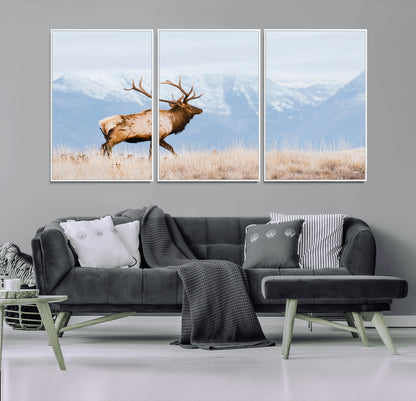 An elk walking on snowy grassland with majestic mountains in the background, ideal for rustic lodge or cabin wall decor.