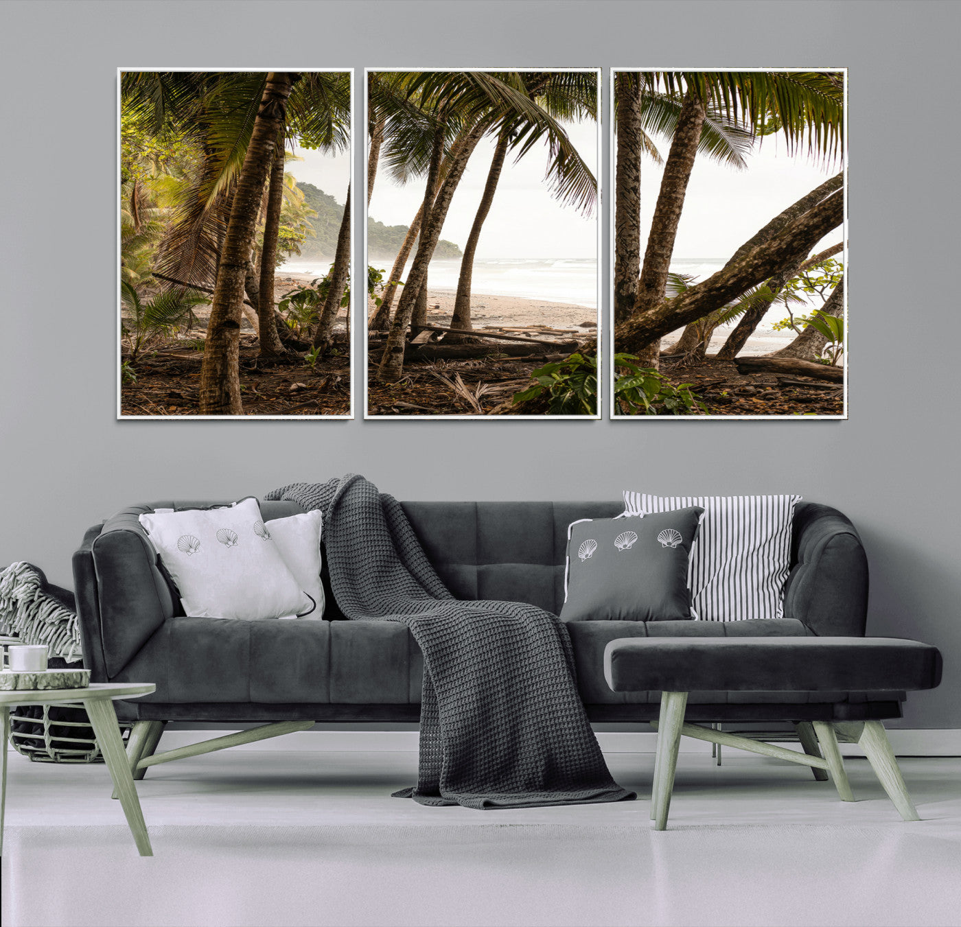 Dense tropical palm trees framing a sandy beach and ocean shore, ideal for jungle or coastal themed interior wall decor.