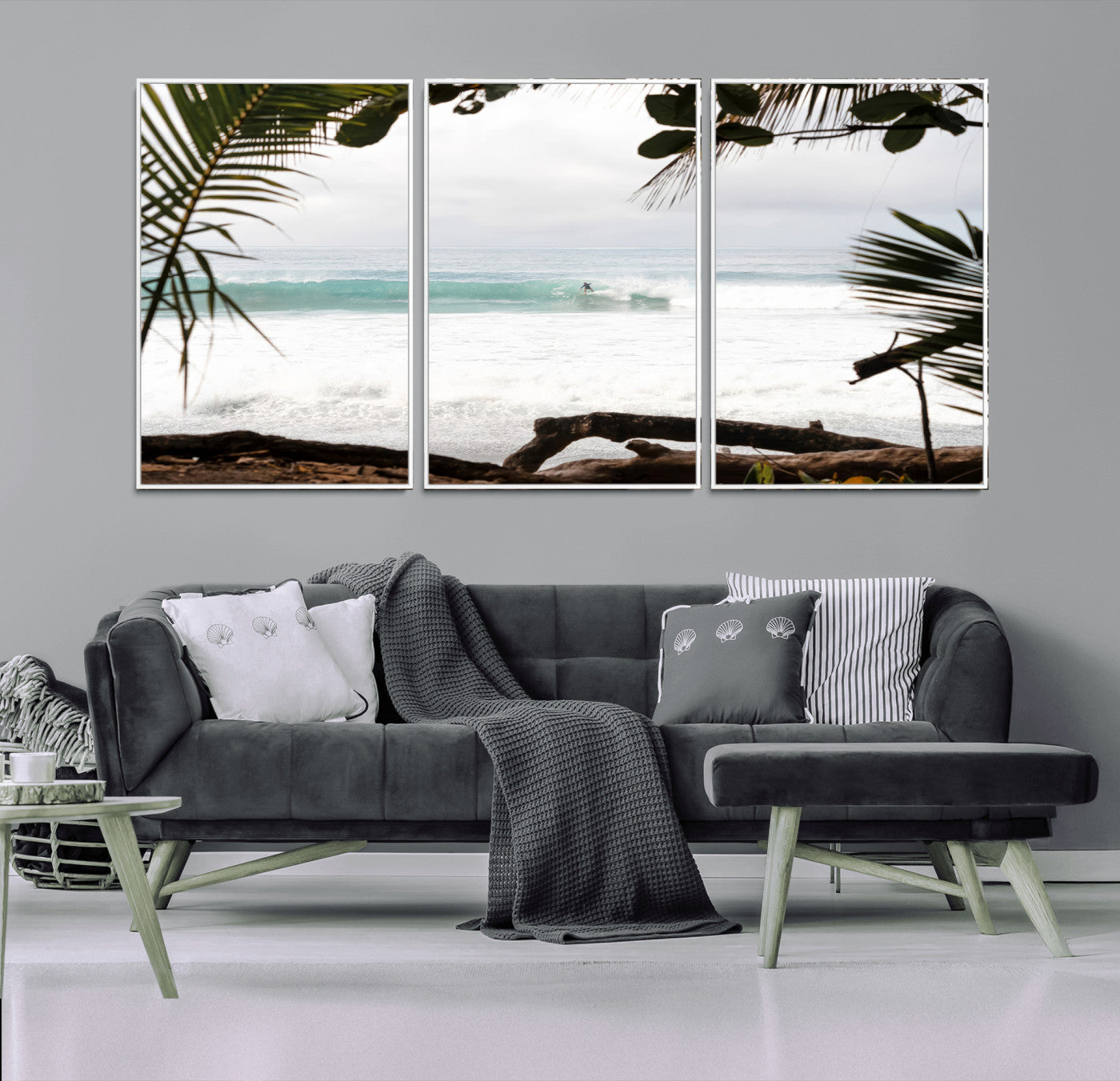Tropical beach view with palm trees and surfer riding a wave, perfect for boho or coastal-inspired interior wall decor.