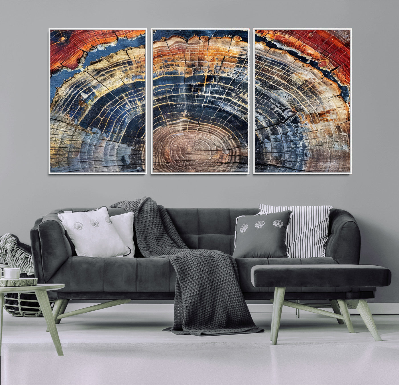 Vibrant tree ring with orange, brown, and blue tones in abstract detail, perfect for rustic or boho-inspired wall decor.
