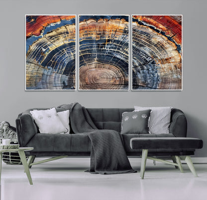 Vibrant tree ring with orange, brown, and blue tones in abstract detail, perfect for rustic or boho-inspired wall decor.
