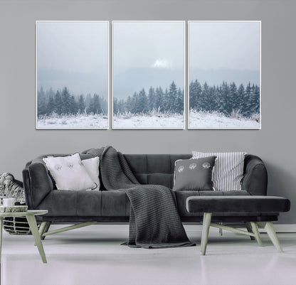 Snow-covered forest under misty sky, soft light breaking through clouds, ideal for minimalist or Nordic-inspired home decor.