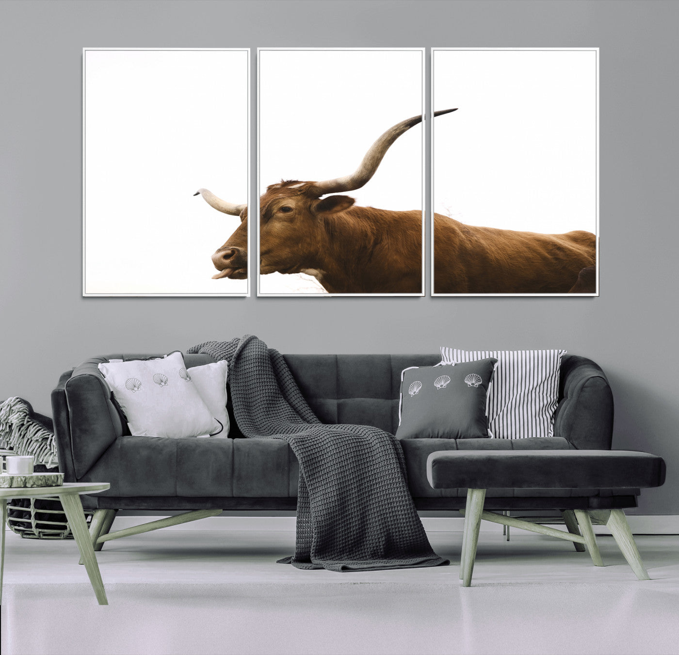 Minimal photo of a longhorn cow with white background, ideal for rustic, western or farmhouse-style interior decor.