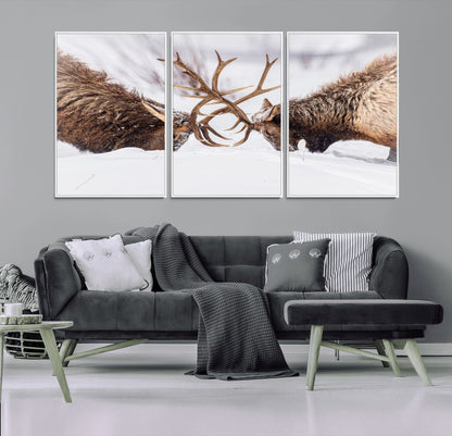 Two elk clashing antlers in a snowy forest, capturing raw power and wild energy, ideal for rustic cabin or lodge-style decor.