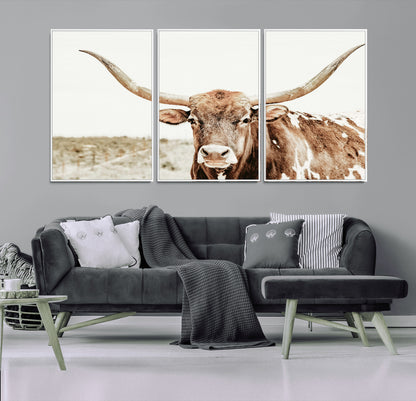 A Texas longhorn bull with wide horns, standing in a dry field under soft light, ideal for rustic farmhouse or western-themed interiors.