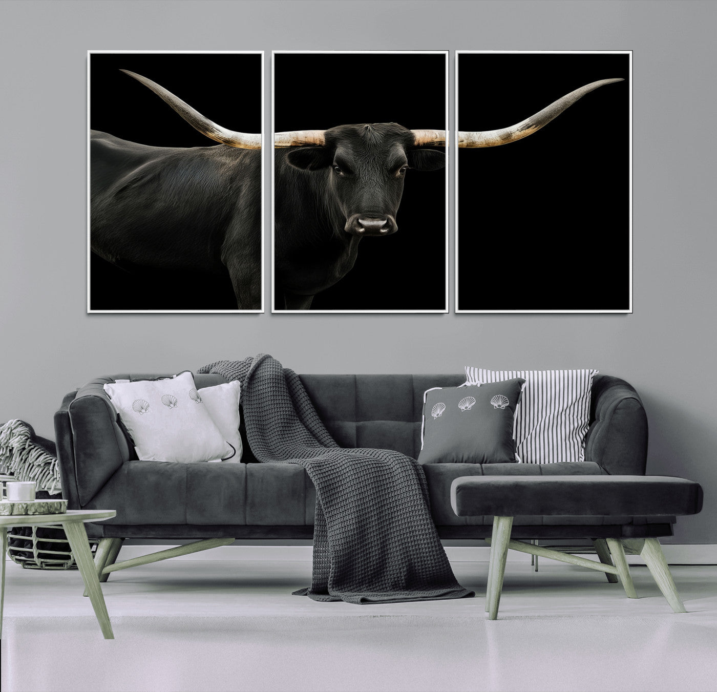 Close-up of a black Texas longhorn with large curved horns on black background, ideal for rustic farmhouse or modern western interiors.