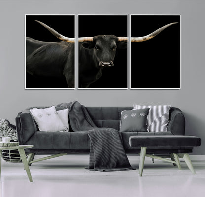 Close-up of a black Texas longhorn with large curved horns on black background, ideal for rustic farmhouse or modern western interiors.