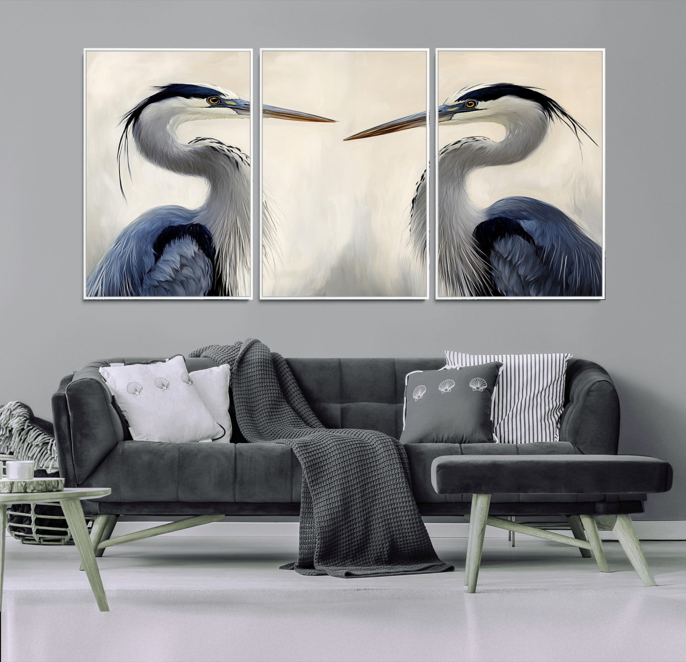 Two blue herons facing each other on a soft neutral background, ideal for coastal, tranquil, or nature-inspired minimalist interiors.
