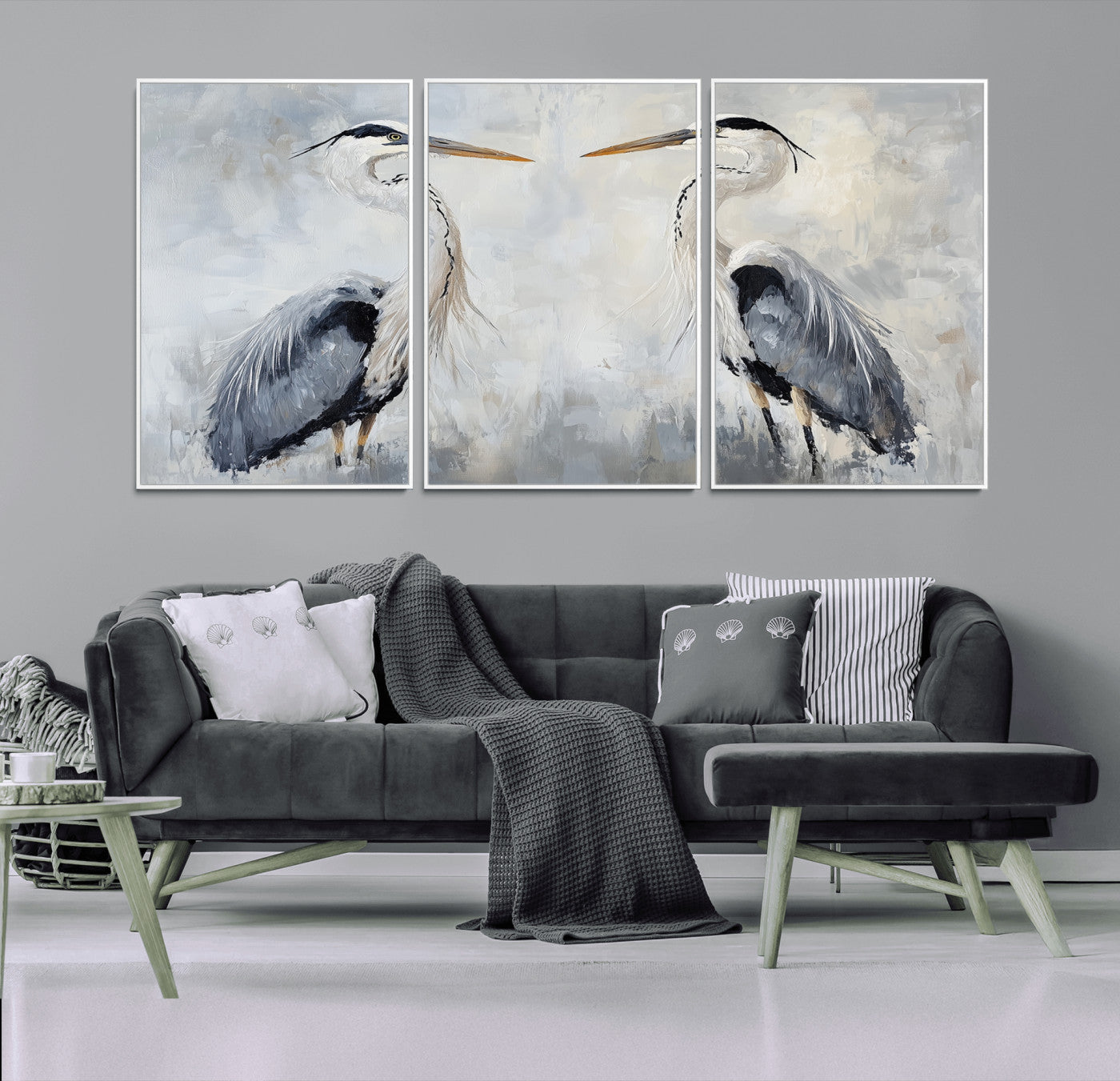 Two herons facing each other on a soft-toned background with blue-grey feathers, perfect for tranquil, coastal or nature-themed interiors.