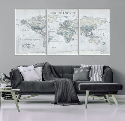 Custom Push Pin World Map Wall Canvas Print – Personalized Travel Tracker with Pins – Framed Custom Quotie Canvas for Home Office Decor