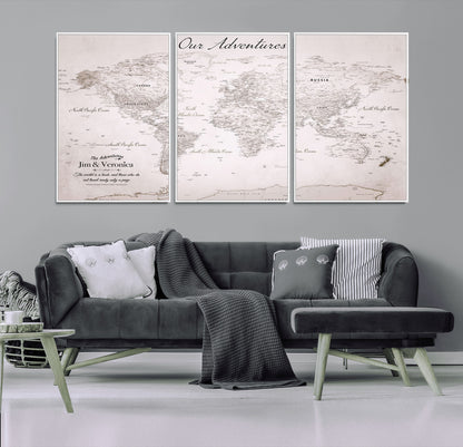 Customize Push Pin World Map Wall Canvas Print – Personalized Travel Map with Foam Pins – Framed Custom Quotie Canvas for Home Office Decor
