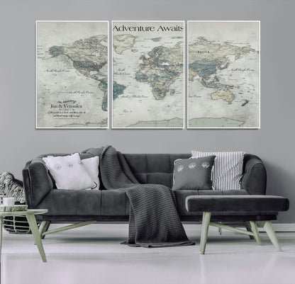 Customize Push Pin World Map Wall Canvas Print – Personalized Travel Tracker with Pins – Framed Custom Quotie Canvas for Home Office Decor