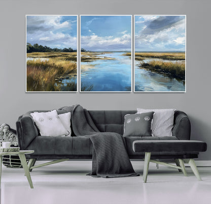 A beautiful, painterly landscape of a calm river winding through a marsh, with vibrant green grasses and a bright blue sky filled with fluffy clouds.