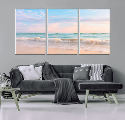 A peaceful beach scene with soft pastel skies, gentle waves washing up on the sandy shore, creating a calm and serene ocean view.