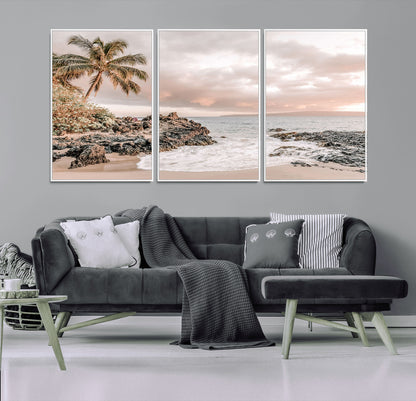 A peaceful beach scene with a palm tree and rocks, soft waves washing onto the shore under a soft pastel sky at sunset.