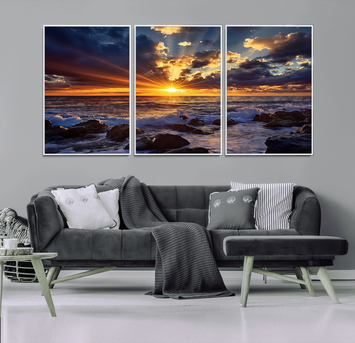 An explosive sunset over the ocean with dramatic clouds and rays of sunlight reflecting off the water, creating a vibrant and captivating view.