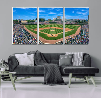 Wrigley Field Baseball Stadium Canvas Wall Art, Packed Crowd Sports Stadium Print, City Skyline Baseball Field Canvas for Game Room Decor