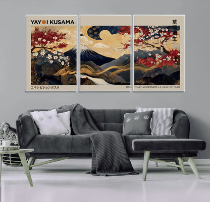 Yayoi Kusama's artwork featuring Mount Fuji, blooming cherry trees, and intricate swirls, blending traditional Japanese elements with vibrant color.