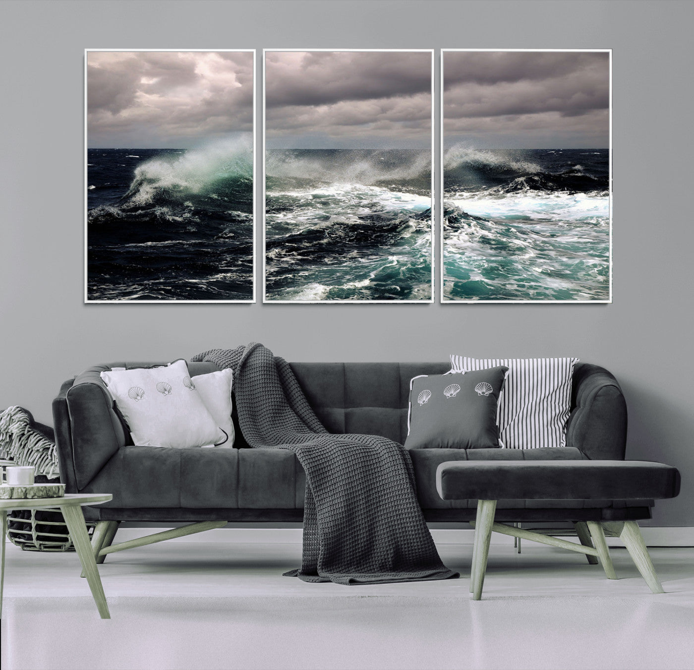 Powerful ocean waves crashing under stormy skies, creating a dynamic and intense seascape.