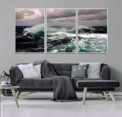 Powerful ocean waves crashing under stormy skies, creating a dynamic and intense seascape.