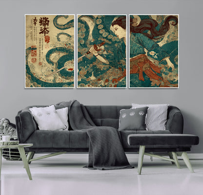 Tsukioka Yoshitoshi Samurai Wall Art Print, Japanese Katana Warrior Canvas Wall Art, Octopus Sea Monster Canvas Print,