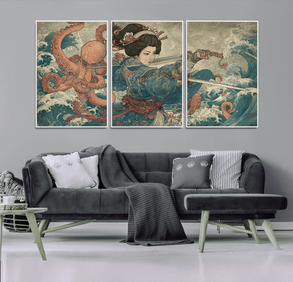 Tsukioka Yoshitoshi Samurai Wall Art Print, Japanese Katana Warrior Canvas Wall Art, Octopus Sea Monster Canvas Print,