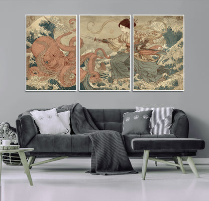 Tsukioka Yoshitoshi Samurai Wall Art Print, Japanese Katana Warrior Canvas Wall Art, Octopus Sea Monster Canvas Print,