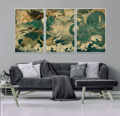 Tsukioka Yoshitoshi Samurai Wall Art Print, Japanese Katana Warrior Canvas Wall Art, Octopus Sea Monster Canvas Print,
