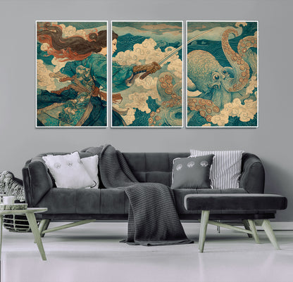 Tsukioka Yoshitoshi Samurai Wall Art Print, Japanese Katana Warrior Canvas Wall Art, Octopus Sea Monster Canvas Print,