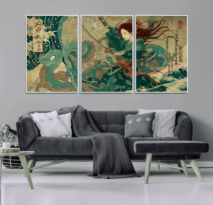 Tsukioka Yoshitoshi Samurai Wall Art Print, Japanese Katana Warrior Canvas Wall Art, Octopus Sea Monster Canvas Print,