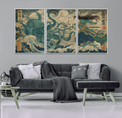 Tsukioka Yoshitoshi Samurai Wall Art Print, Japanese Katana Warrior Canvas Wall Art, Octopus Sea Monster Canvas Print,