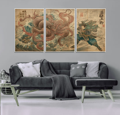 Tsukioka Yoshitoshi Samurai Wall Art Print, Japanese Katana Warrior Canvas Wall Art, Octopus Sea Monster Canvas Print,