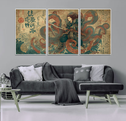 Tsukioka Yoshitoshi Samurai Wall Art Print, Japanese Katana Warrior Canvas Wall Art, Octopus Sea Monster Canvas Print,
