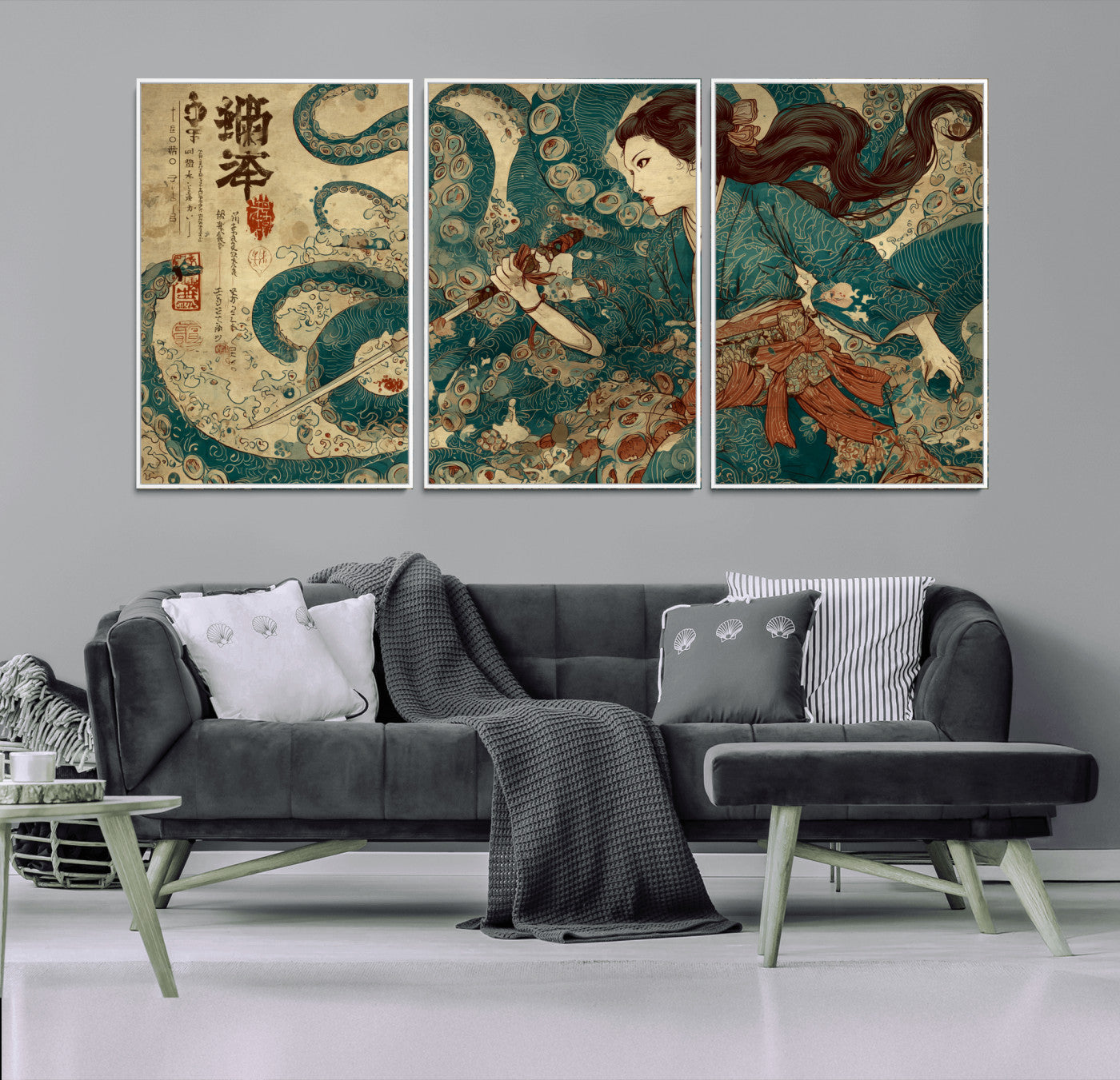Tsukioka Yoshitoshi Samurai Wall Art Print, Japanese Katana Warrior Canvas Wall Art, Octopus Sea Monster Canvas Print,