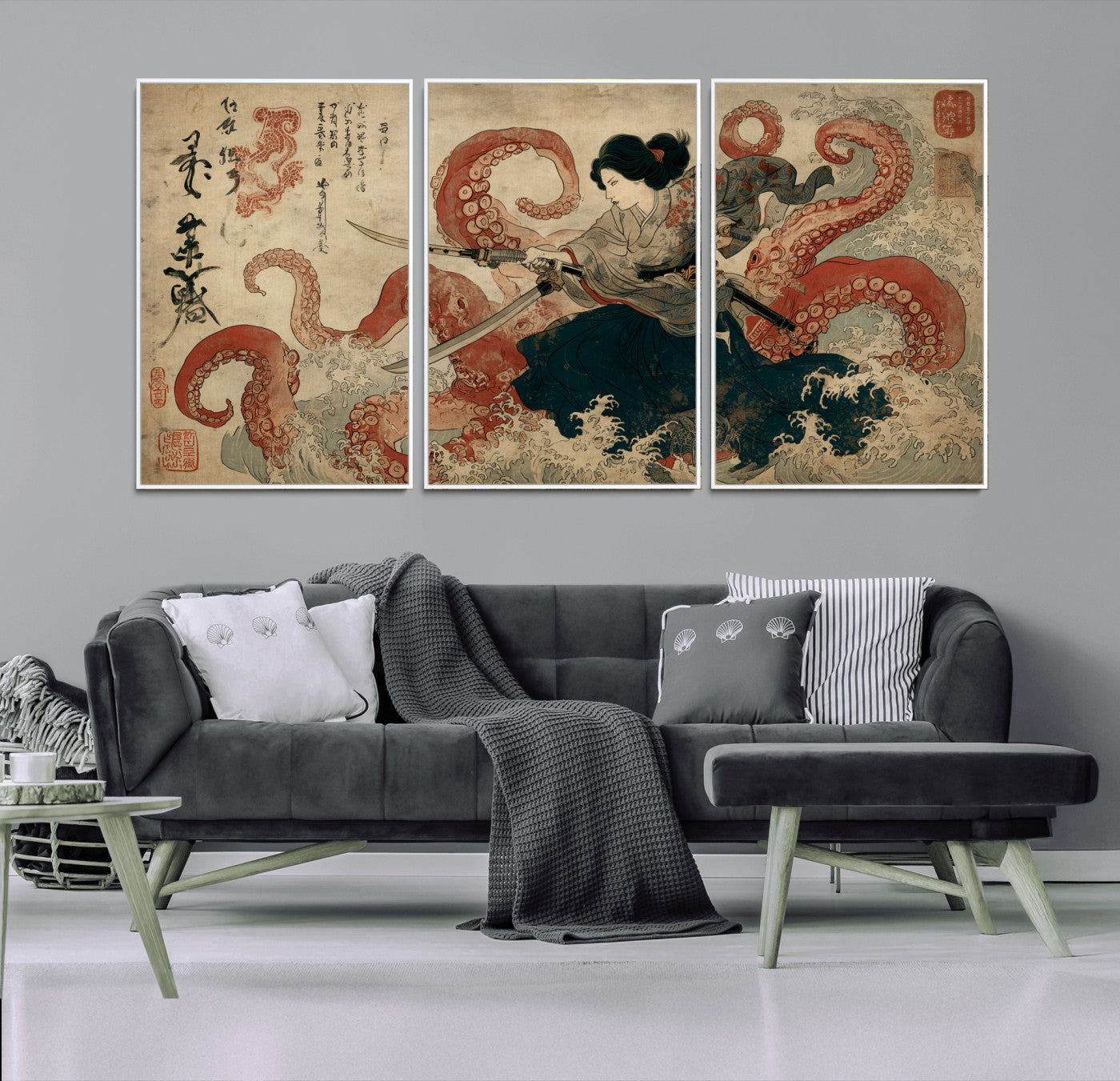 Tsukioka Yoshitoshi Samurai Wall Art Print, Japanese Katana Warrior Canvas Wall Art, Octopus Sea Monster Canvas Print,