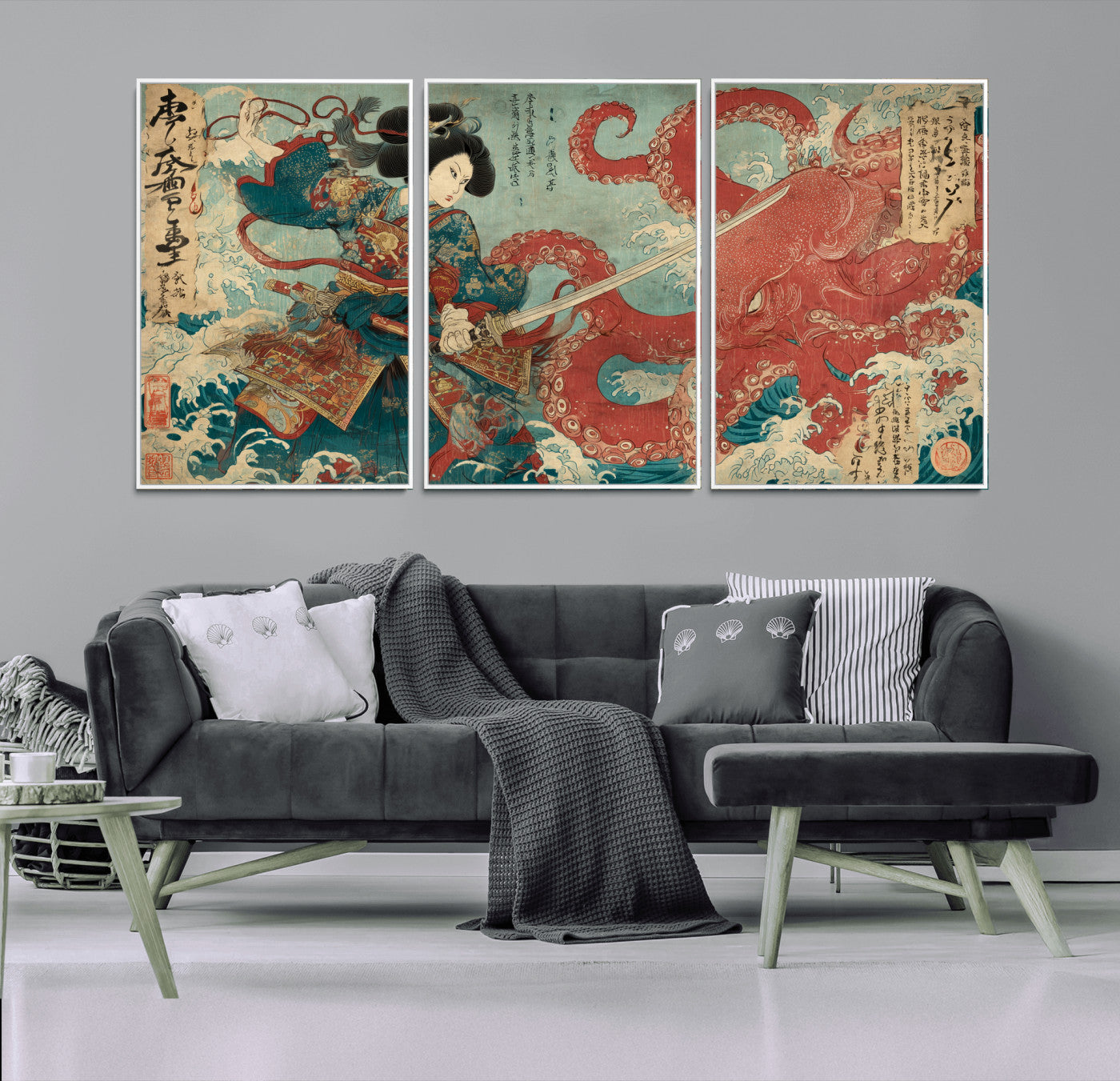Tsukioka Yoshitoshi Samurai Wall Art Print, Japanese Katana Warrior Canvas Wall Art, Octopus Sea Monster Canvas Print,