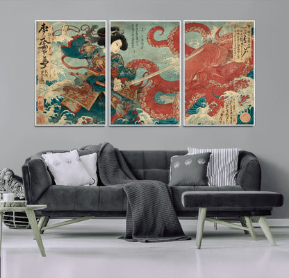 Tsukioka Yoshitoshi Samurai Wall Art Print, Japanese Katana Warrior Canvas Wall Art, Octopus Sea Monster Canvas Print,