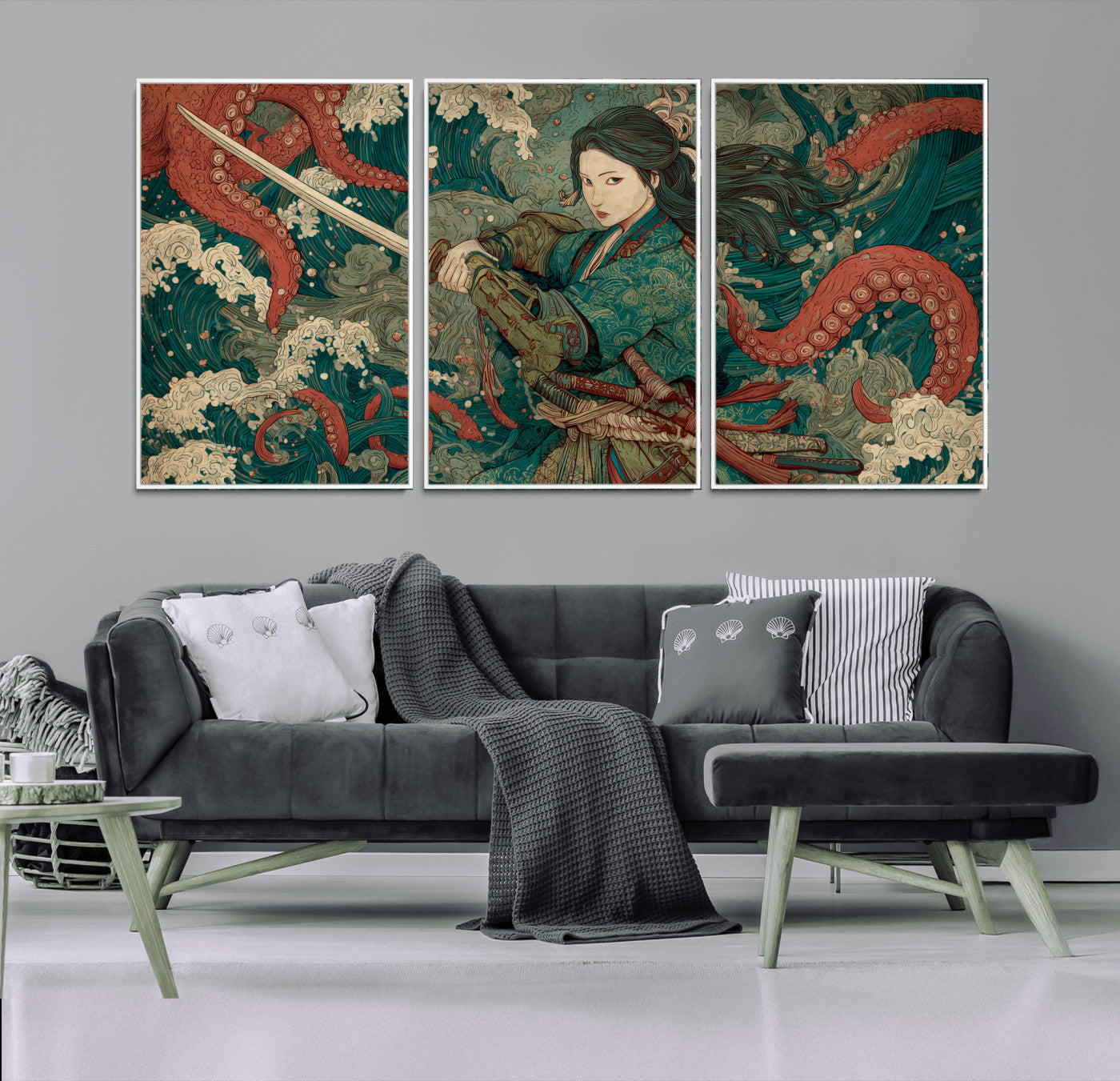 Tsukioka Yoshitoshi Samurai Wall Art Print, Japanese Katana Warrior Canvas Wall Art, Octopus Sea Monster Canvas Print,
