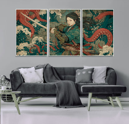 Tsukioka Yoshitoshi Samurai Wall Art Print, Japanese Katana Warrior Canvas Wall Art, Octopus Sea Monster Canvas Print,