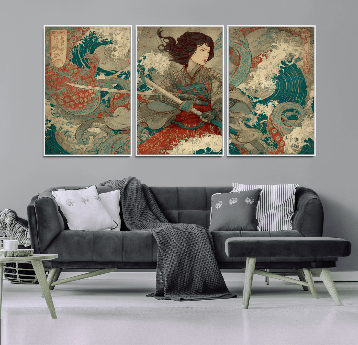 Tsukioka Yoshitoshi Samurai Wall Art Print, Japanese Katana Warrior Canvas Wall Art, Octopus Sea Monster Canvas Print,
